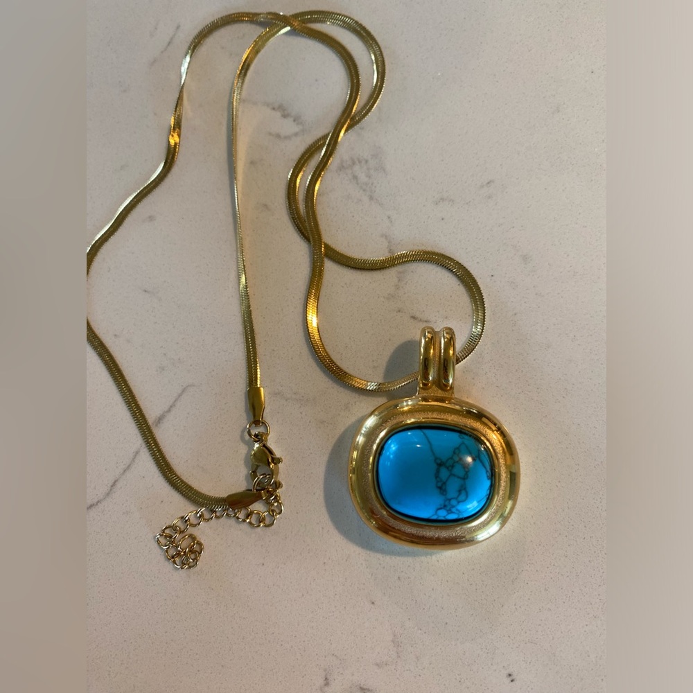 Gold Pendant Necklace with Blue Turquoise Stone Like 9”
